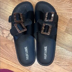 MukLuks Black Slide Sandals with Buckles